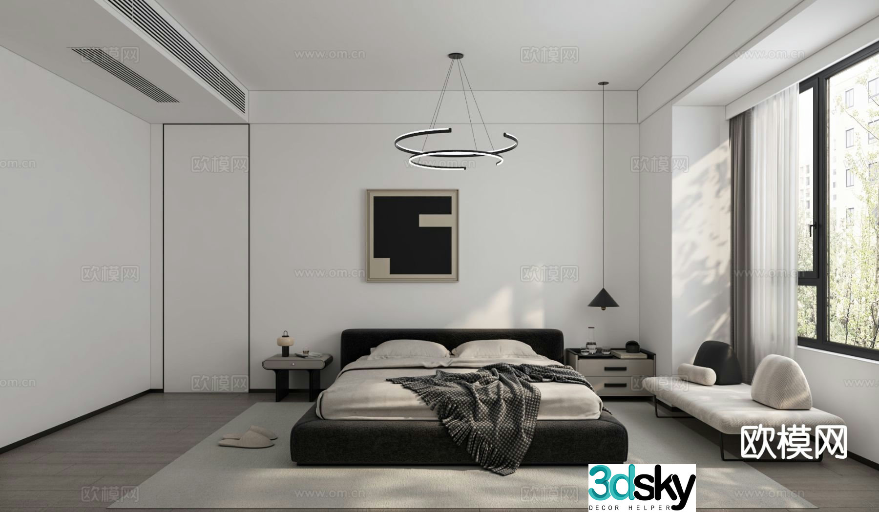 Black and white gray bedroom master bedroom 3d model