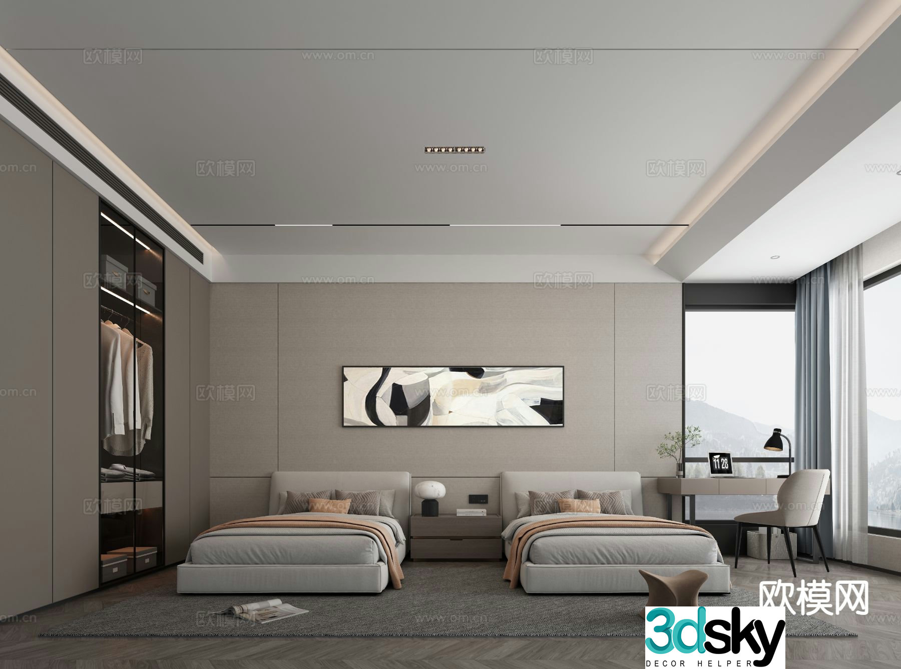 Modern bedroom double room bedroom separate bed 3d model