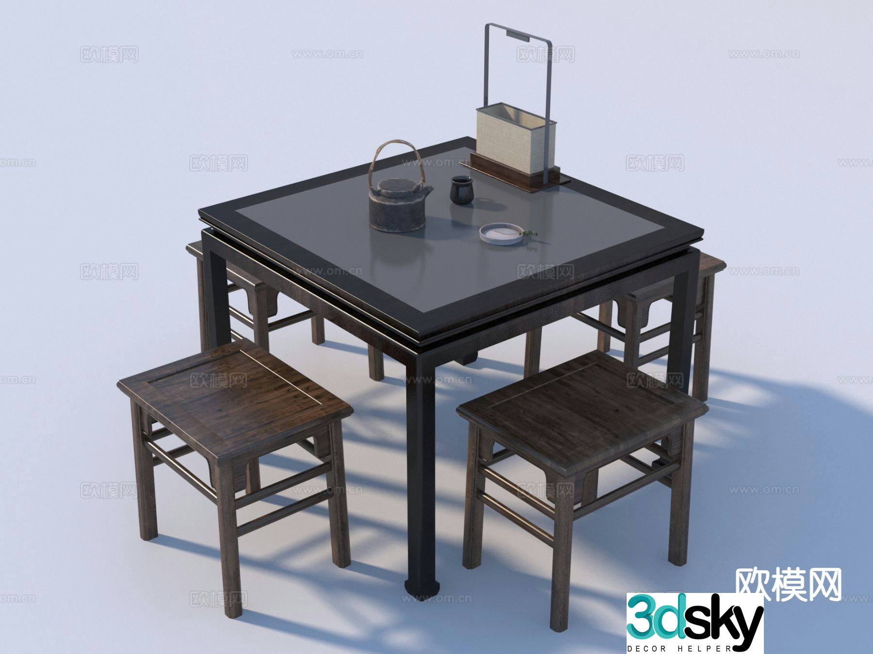 Chinese Eight Immortals Table Square Dining Table and Chairs 3D Model