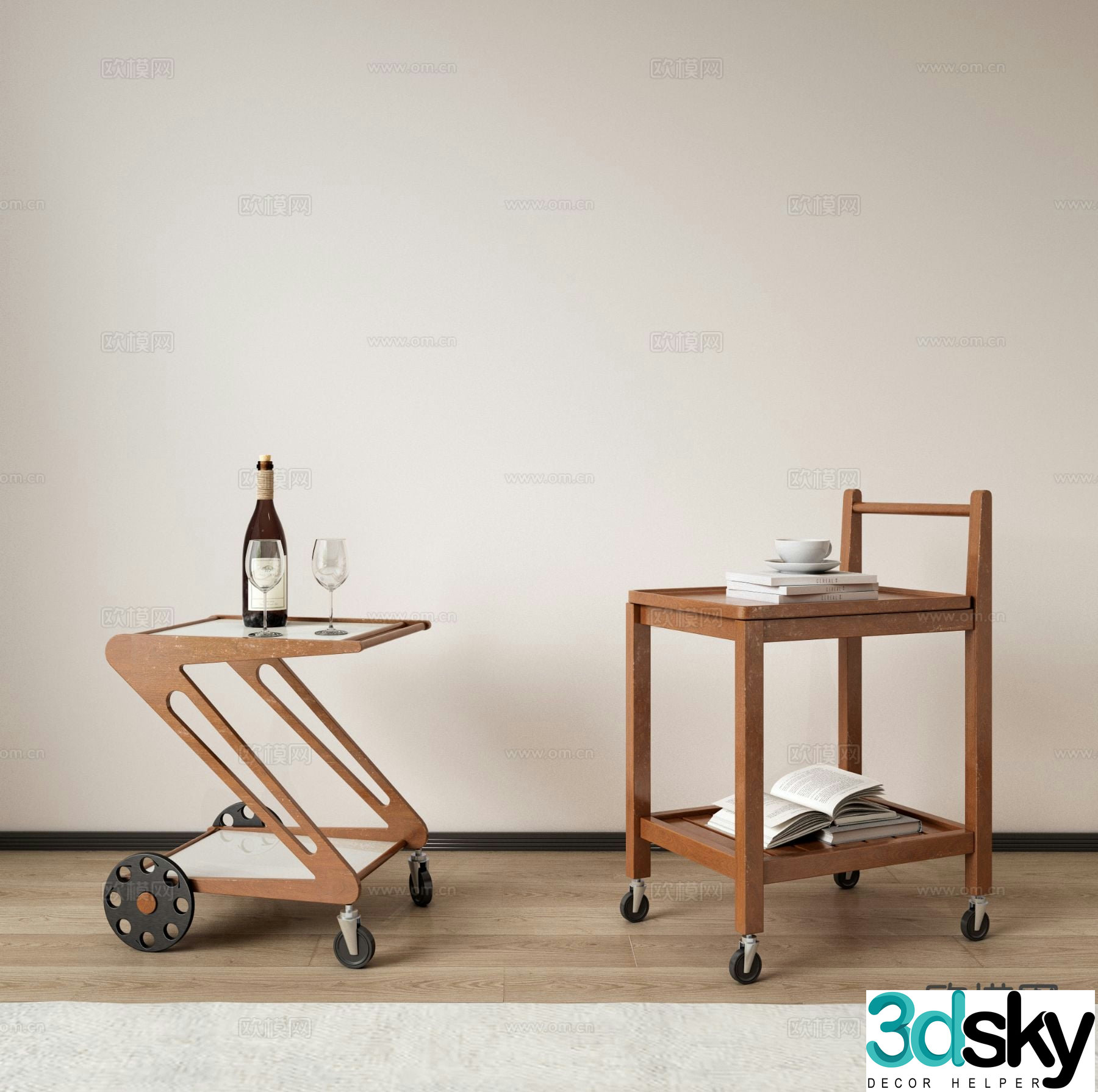Medieval style side table wooden side table storage cart mobile cart 3D model