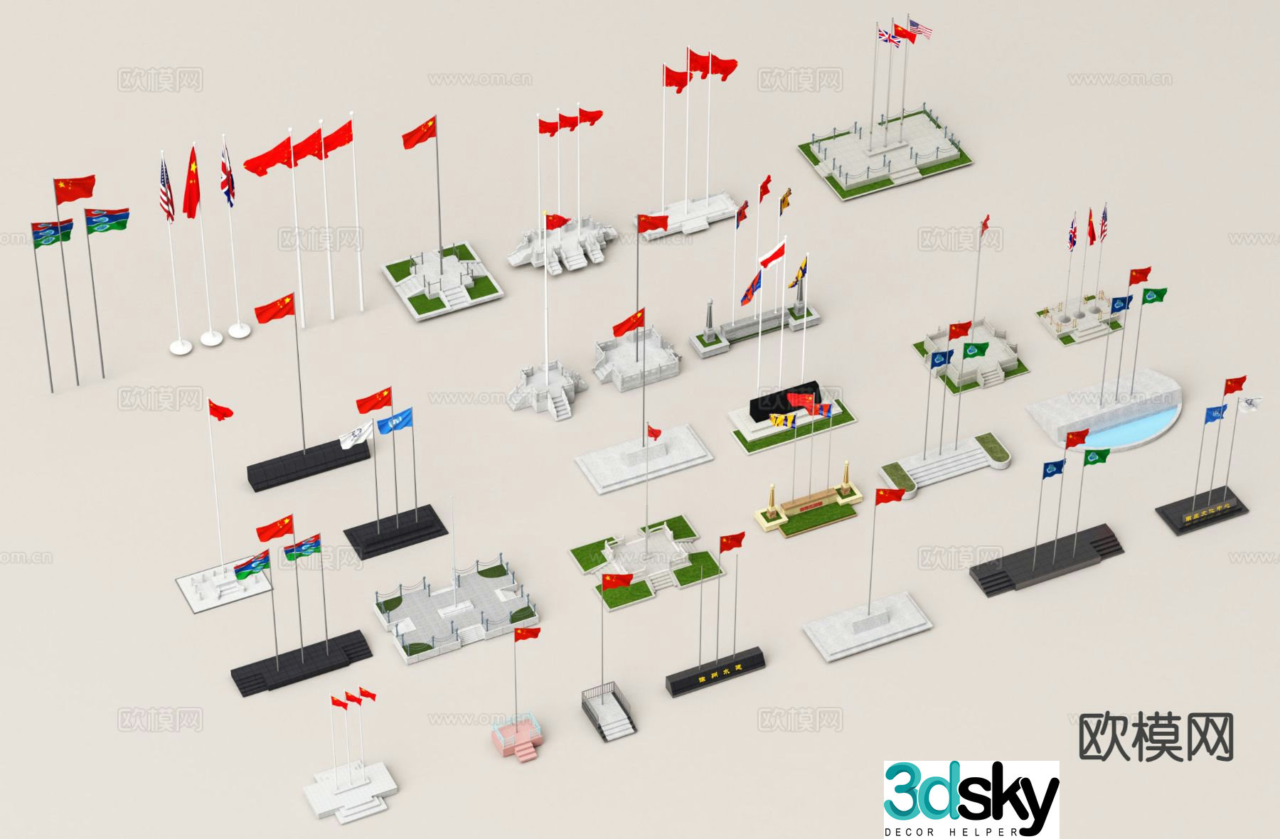 modern flag raising platform flag flagpole 3d model