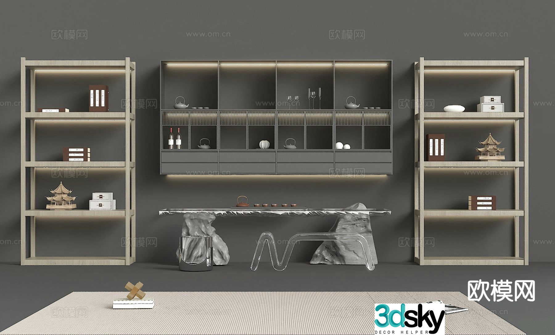 High-end gray tea cabinet wall hanging cabinet 3D model