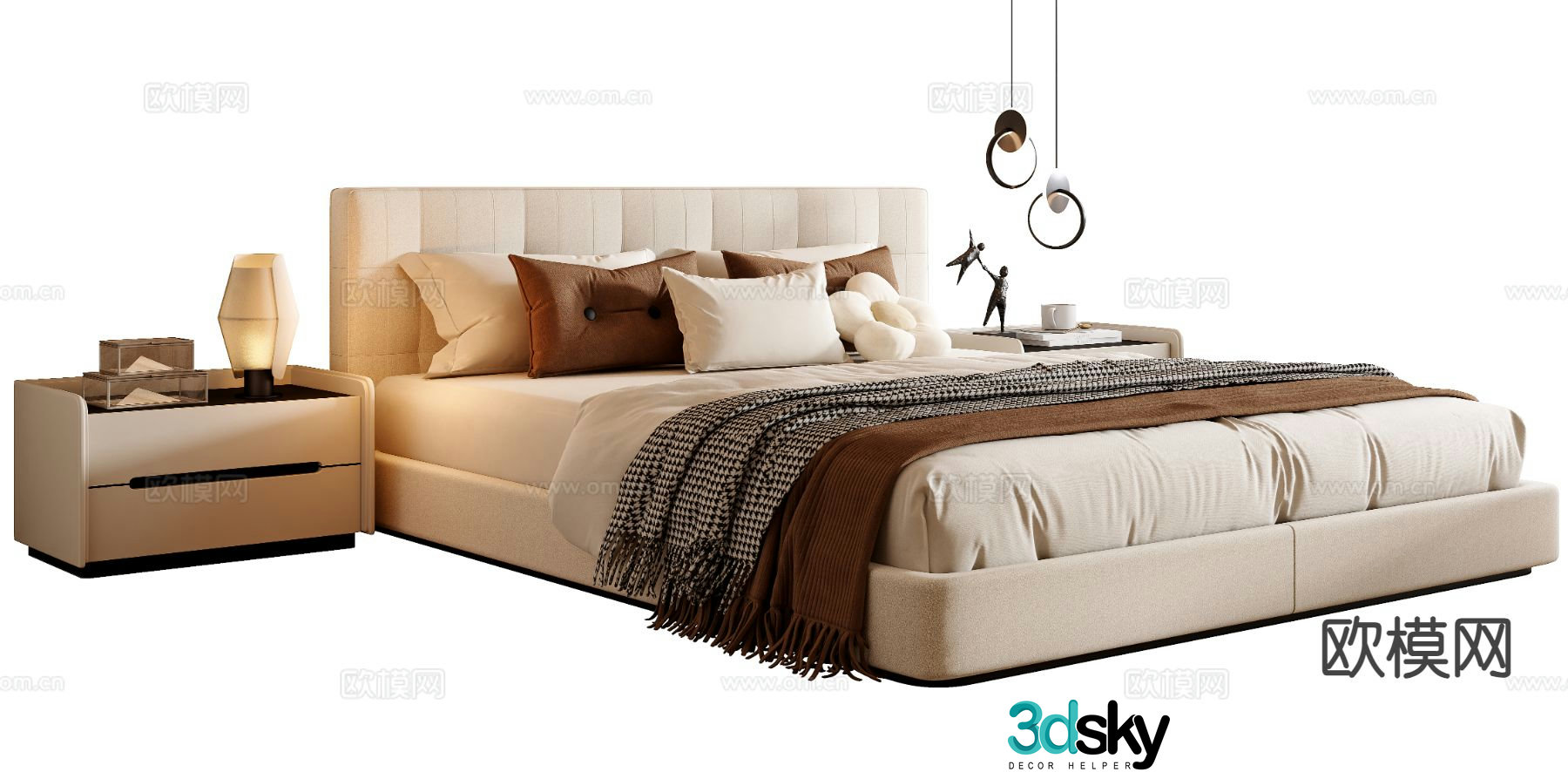 Cream style double bed 3d model