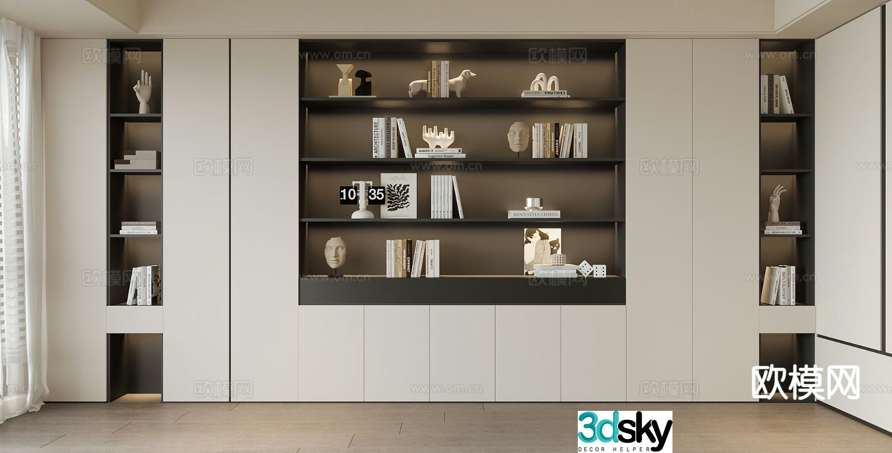 Modern wall-to-wall bookcase display cabinet 3D model