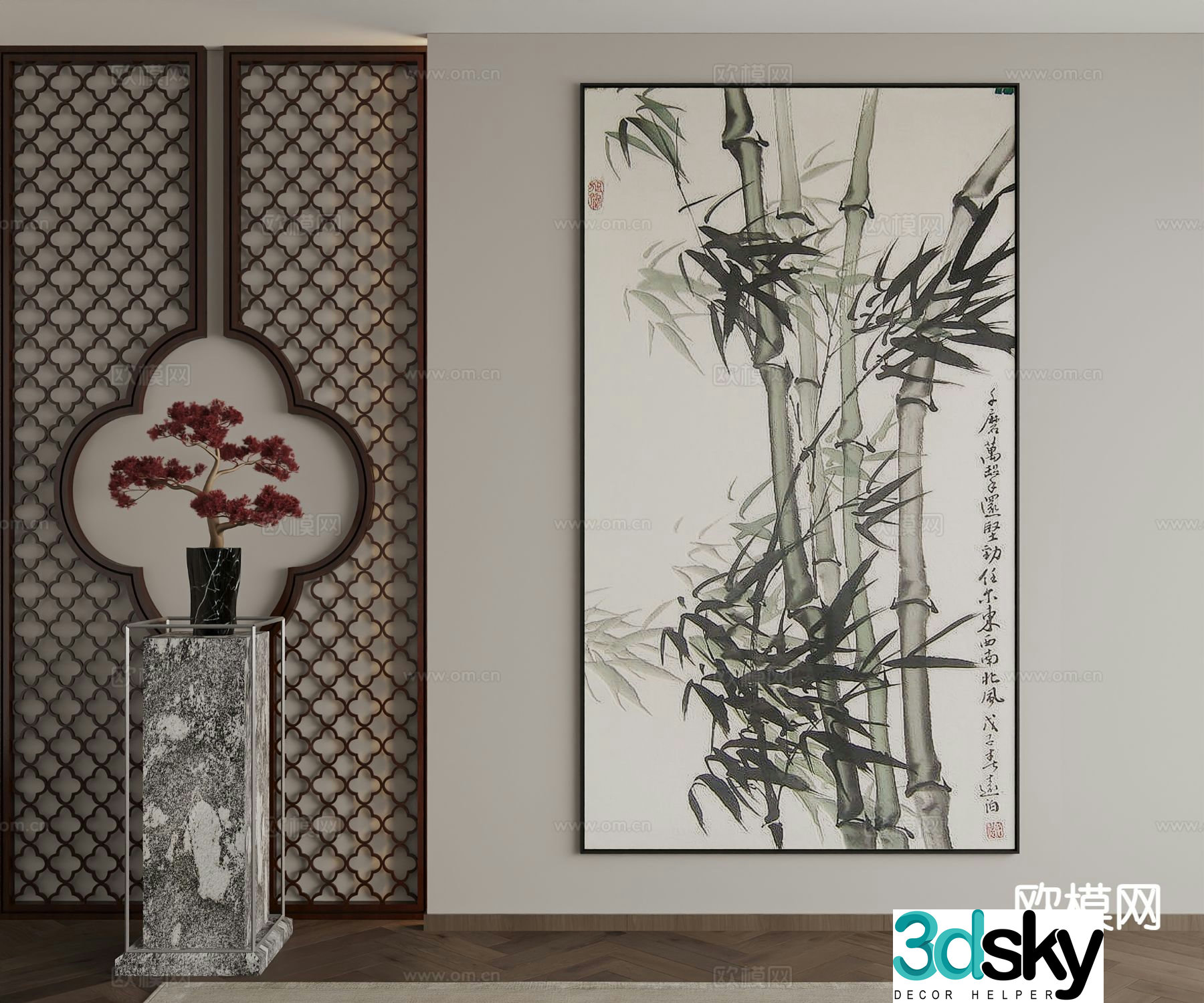 New Chinese style decorative painting bamboo hanging painting 3d model