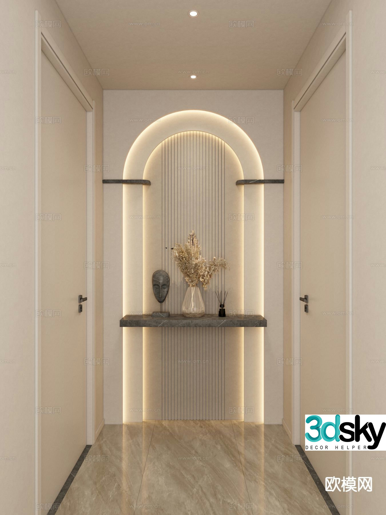 Cream style entrance aisle corridor end view 3d model