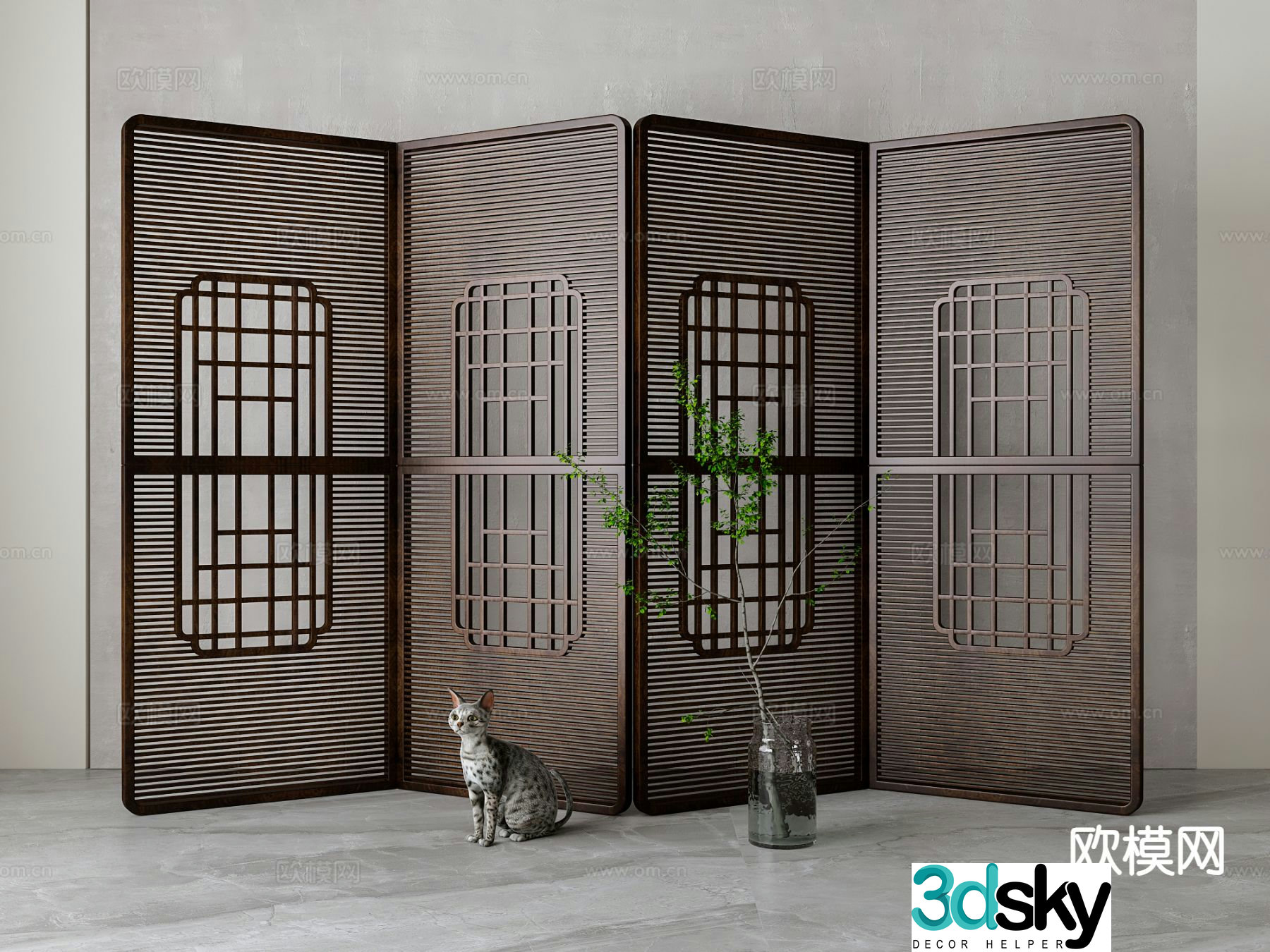 New Chinese style wooden screen folding screen 3d model