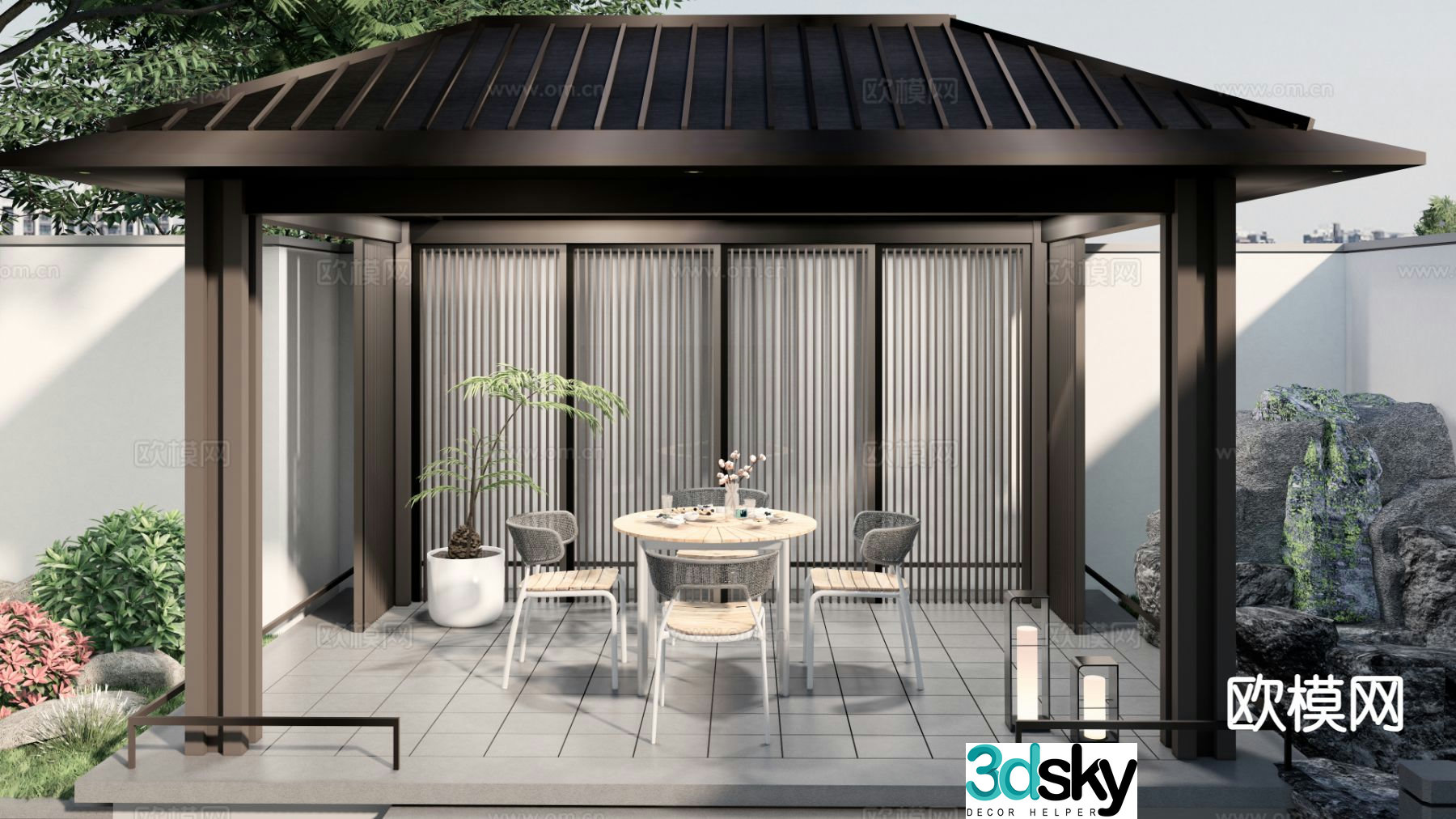 New Chinese style courtyard landscape pavilion rockery overlapping water 3D model