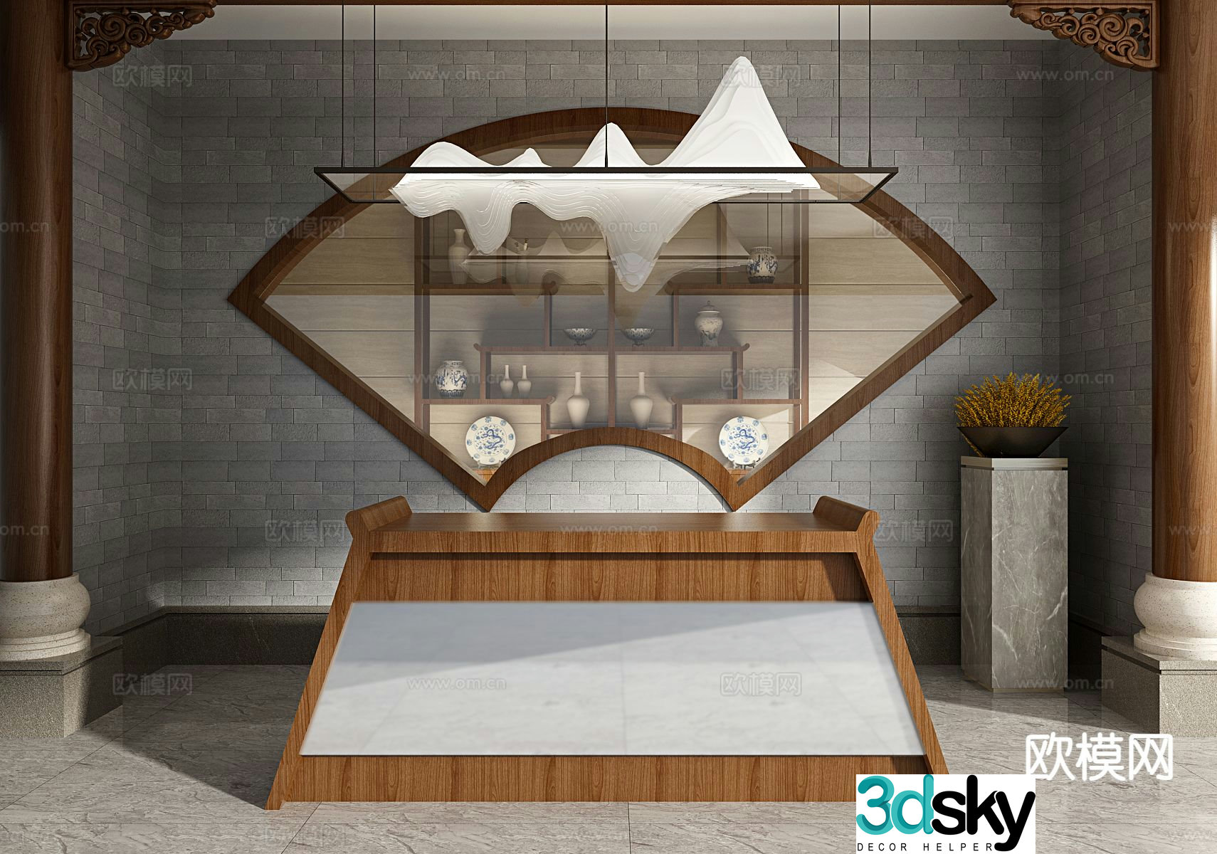 Chinese style front desk reception desk information desk 3d model