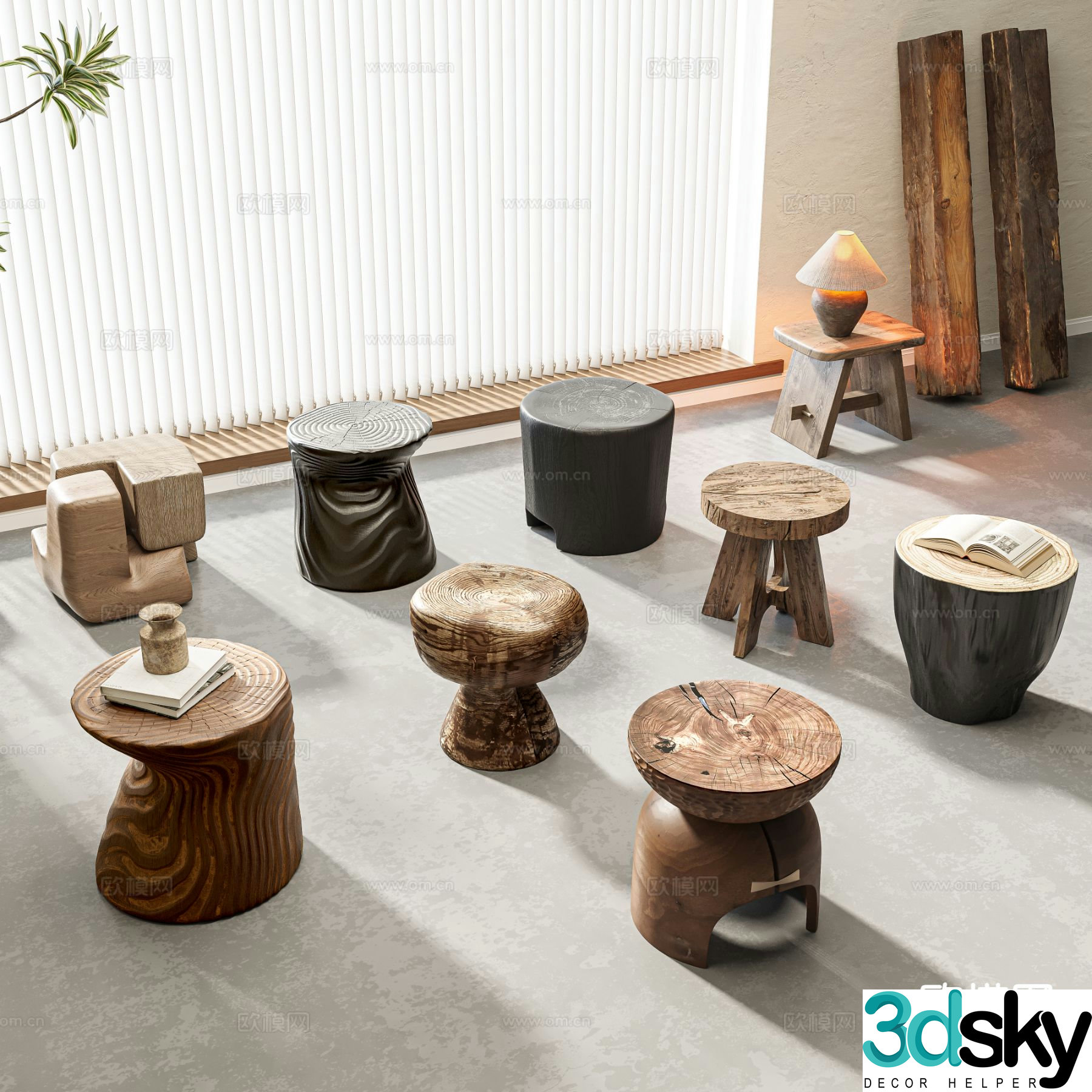 Wabi-sabi stool round stool wooden stool drum stool 3d model