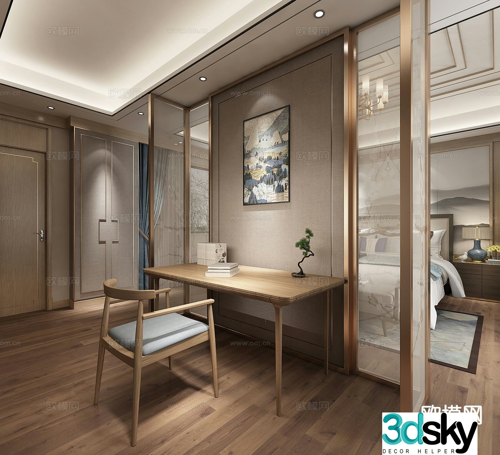 New Chinese style master bedroom study 3D model