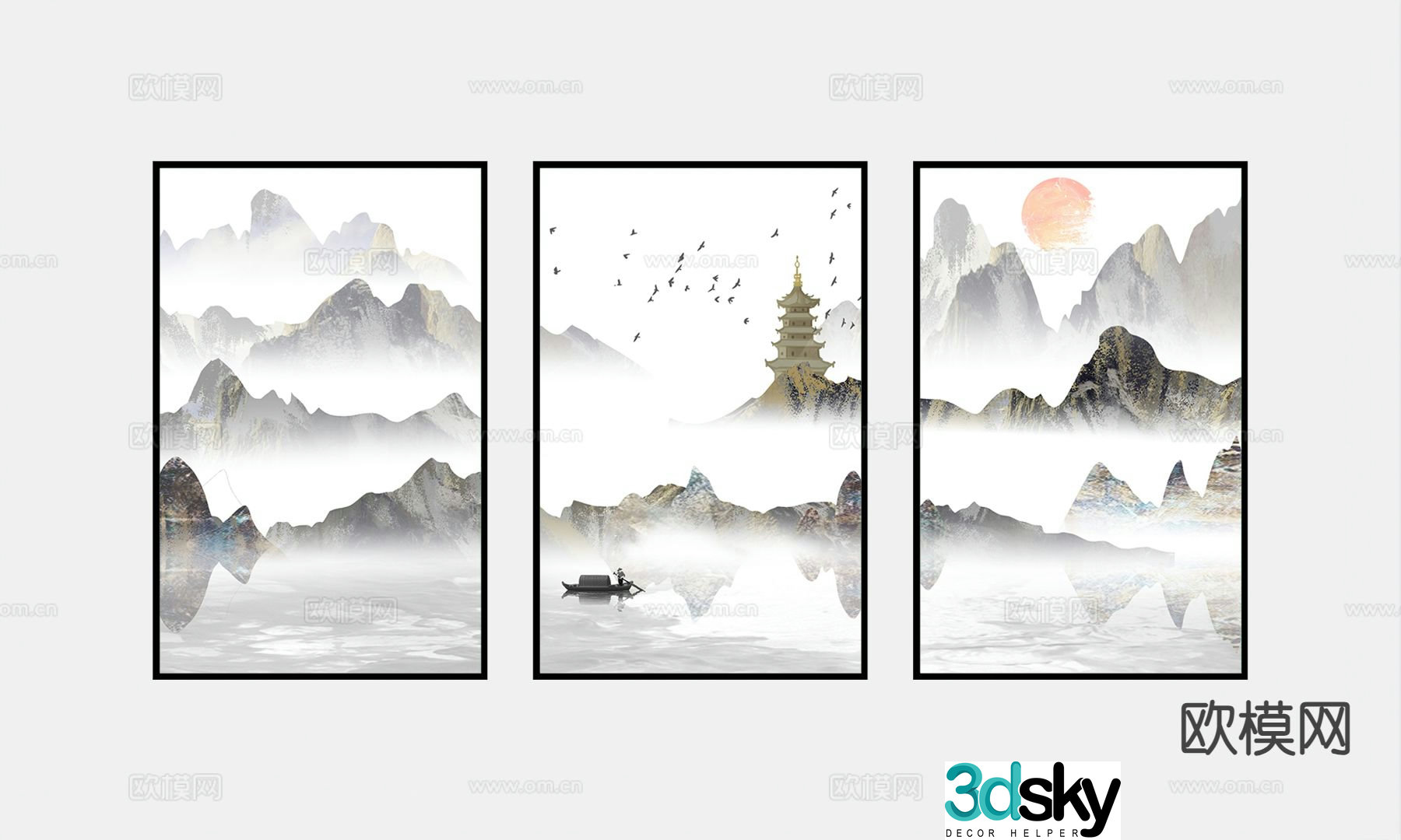 New Chinese style decorative painting landscape painting hanging painting 3D model