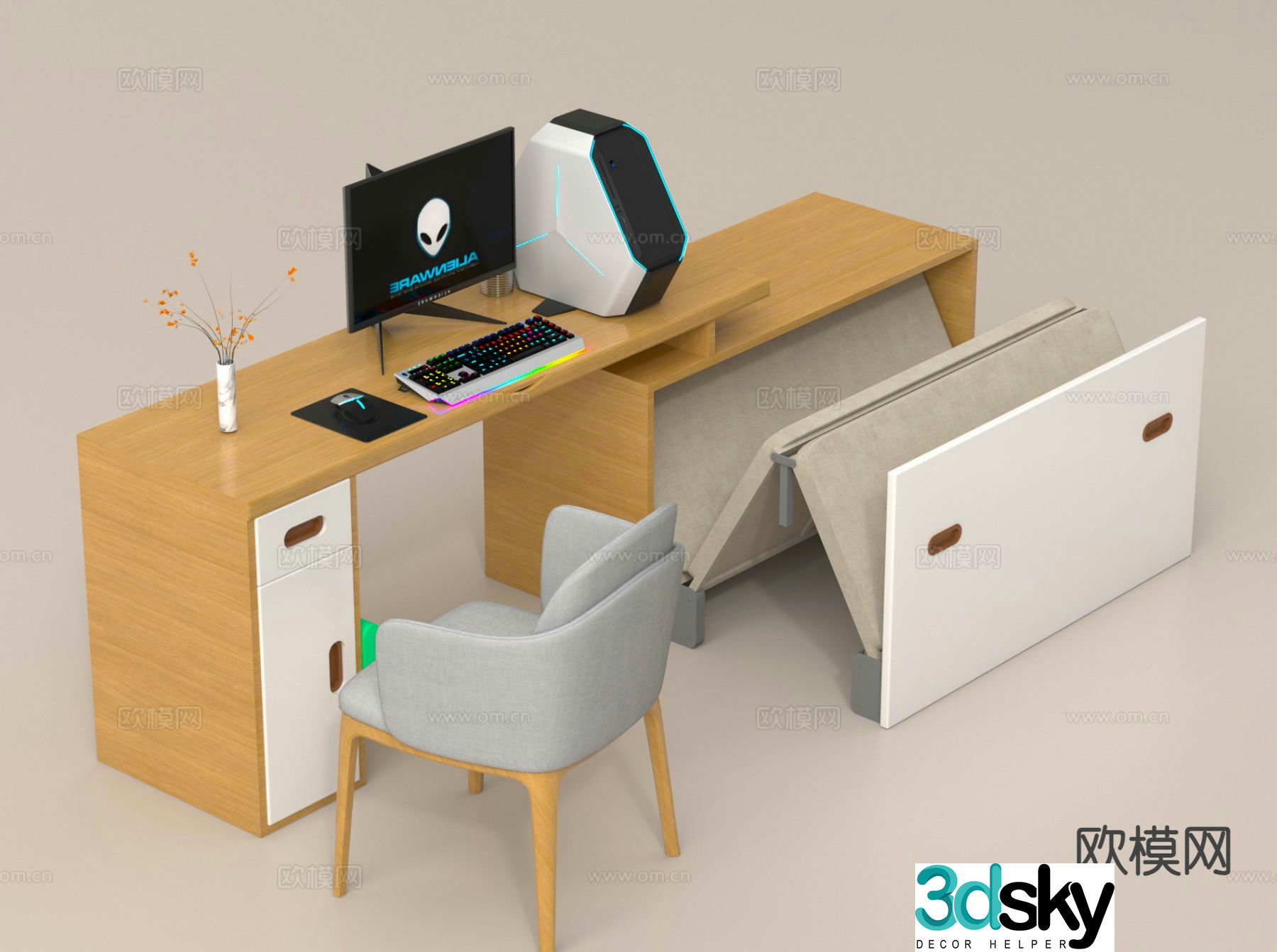 Modern desk study table folding bed 3d model