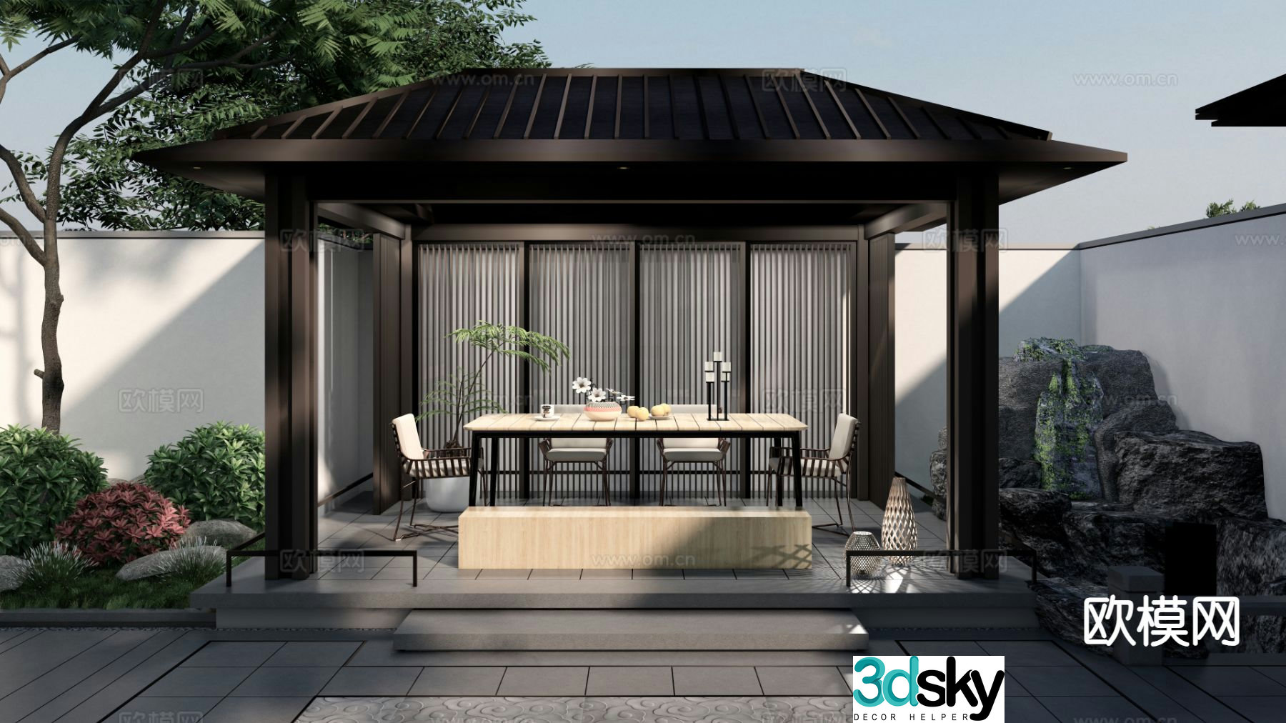 New Chinese style courtyard landscape pavilion rockery overlapping water 3D model