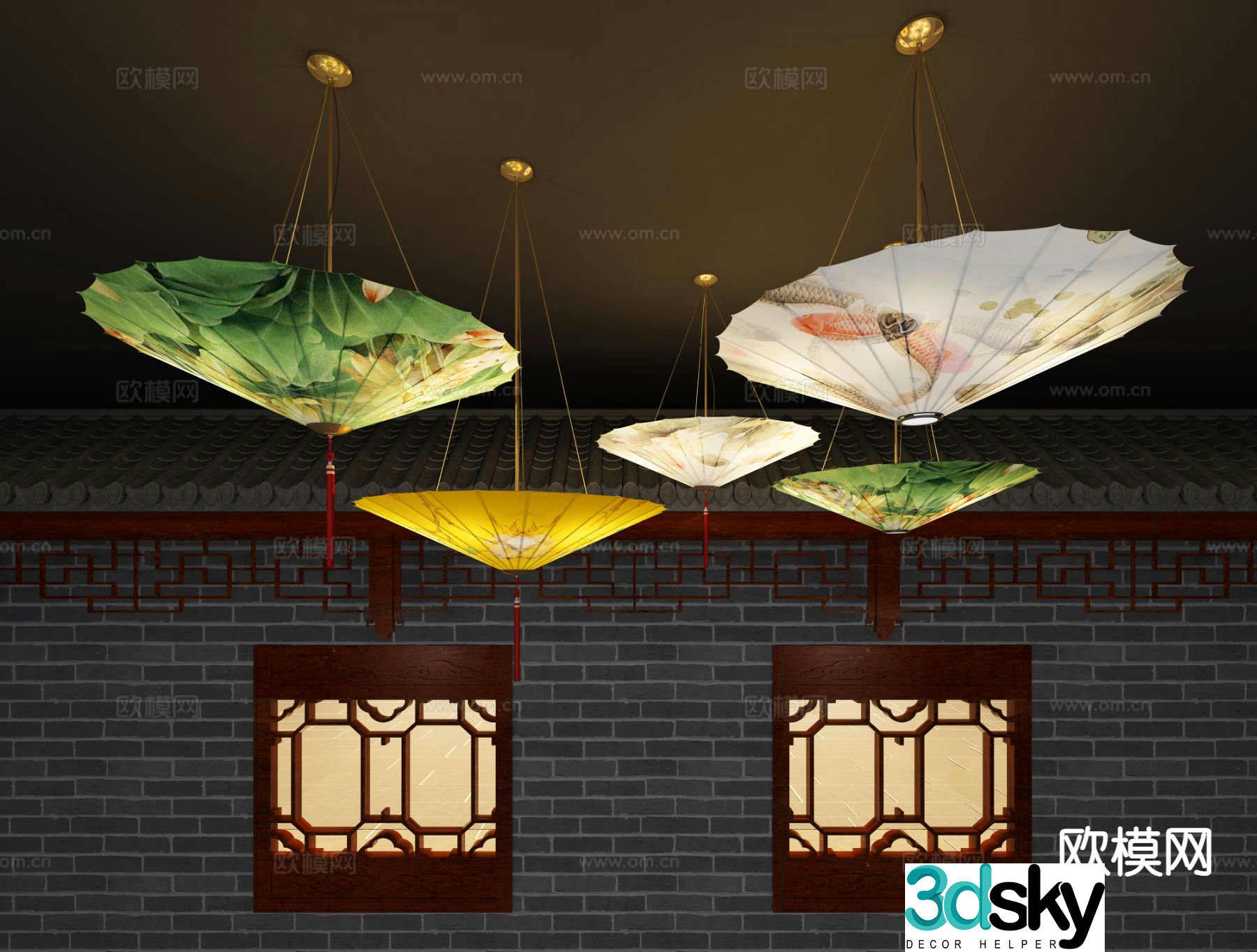 New Chinese style chandelier oil paper umbrella chandelier 3d model