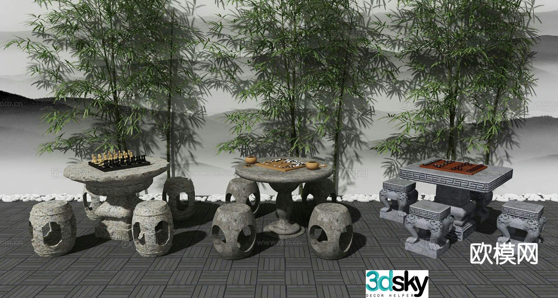 New Chinese style stone table stone stool chess and Go table 3D model