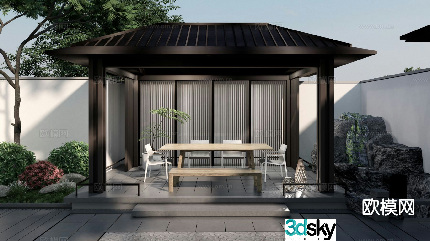 New Chinese style courtyard landscape pavilion rockery overlapping water 3D model