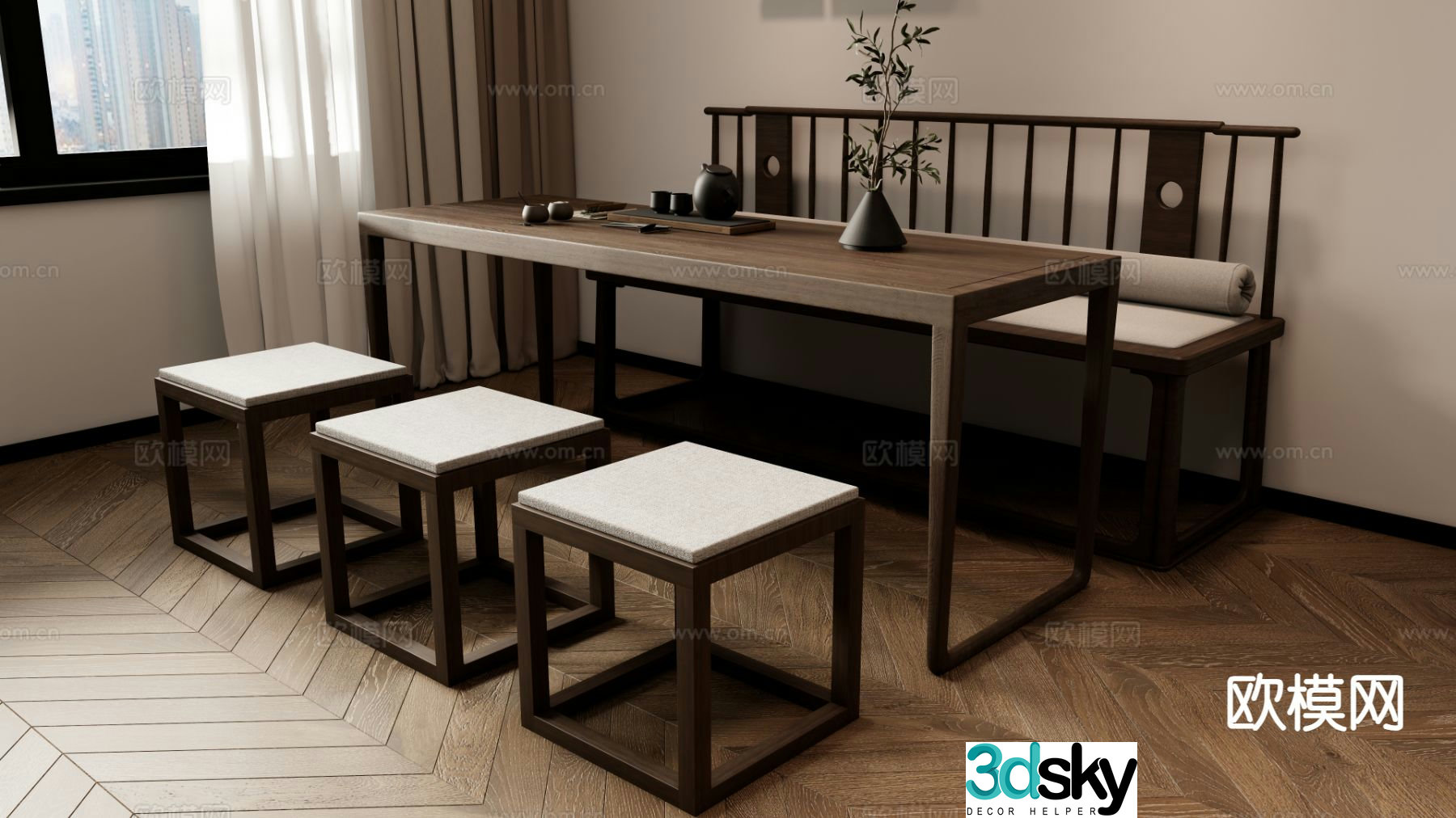 New Chinese Zen dining table and chairs 3D model