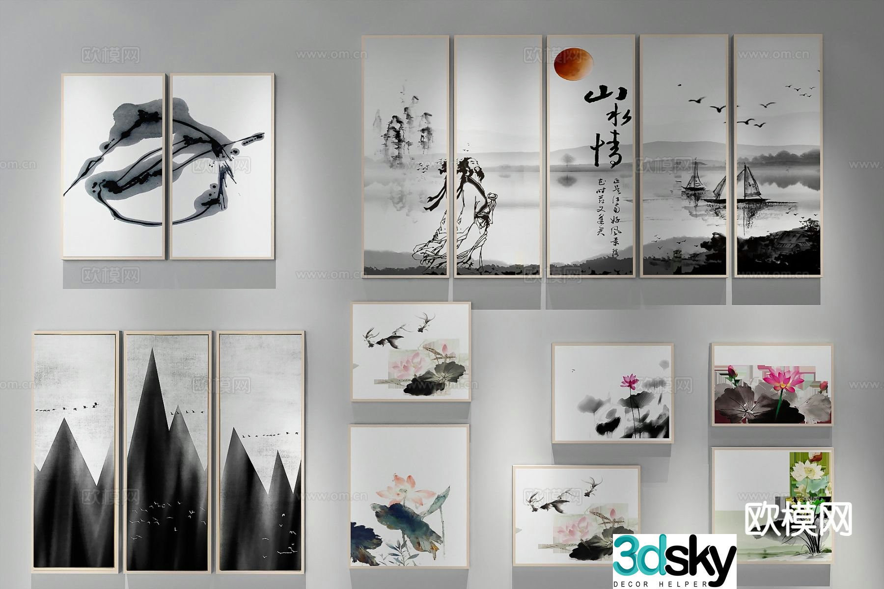 New Chinese style decorative painting ink painting hanging painting 3D model