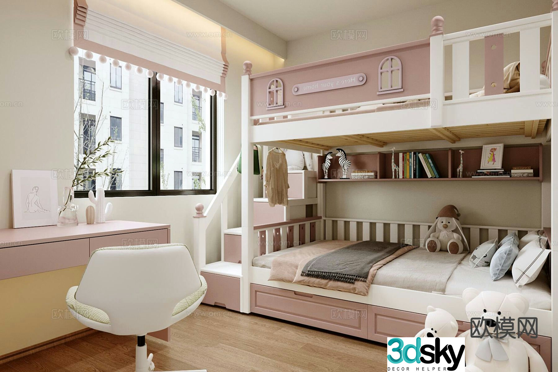 Cream style girl’s room bunk bed children’s room 3D model