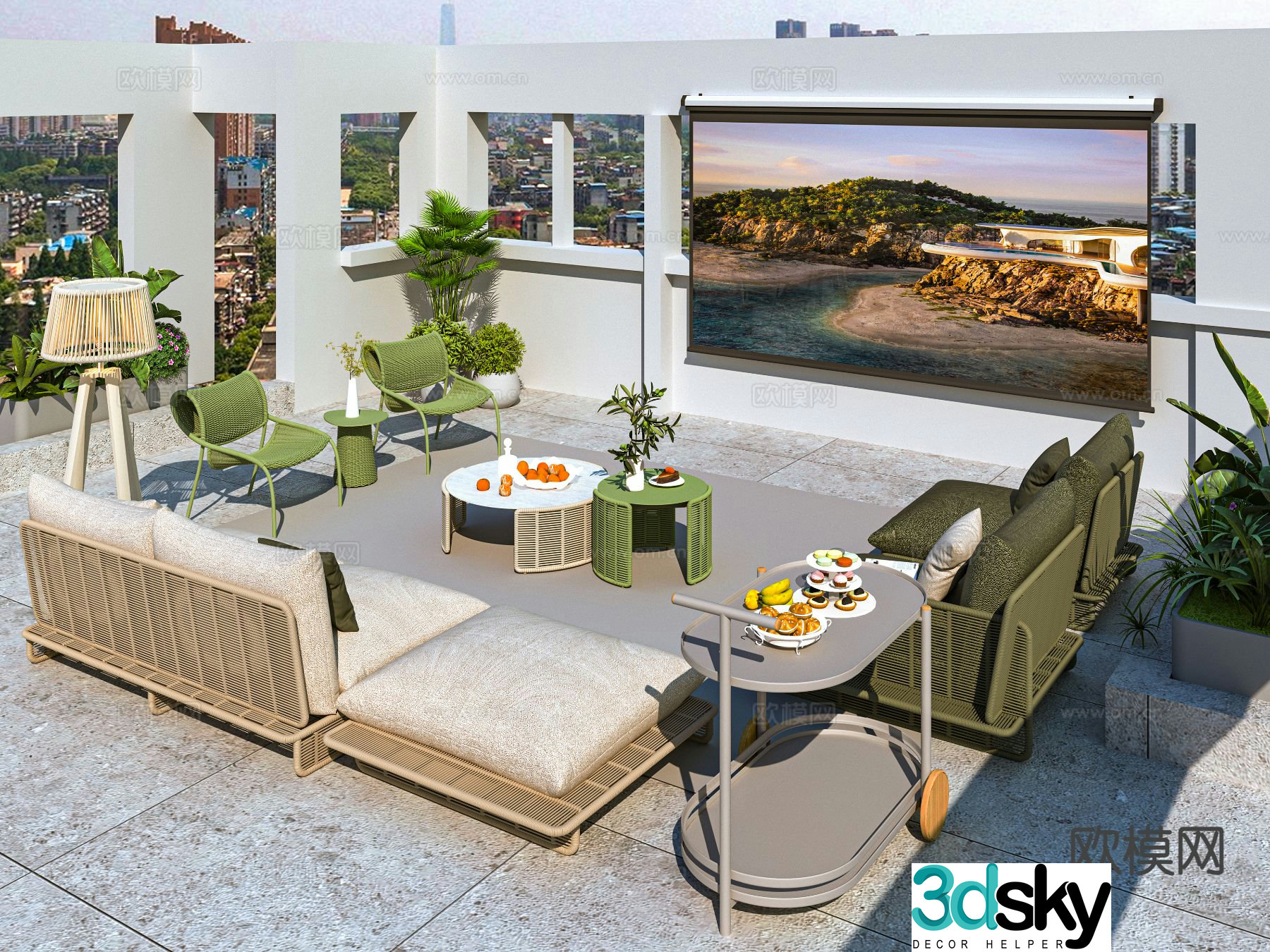 Modern balcony terrace roof garden 3d model