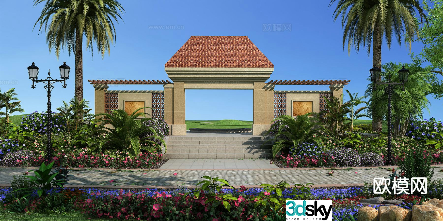 European garden landscape community entrance landscape 3D model