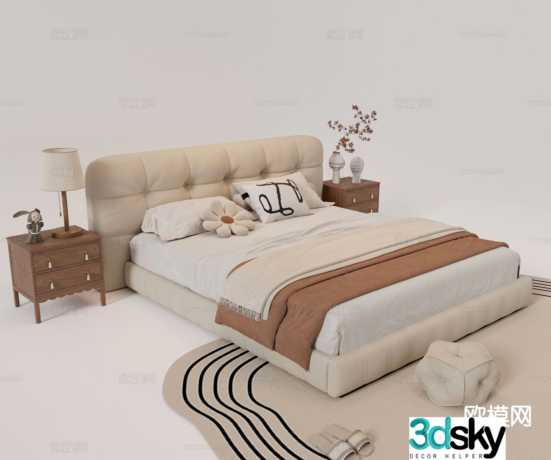 French double bed leather upholstered bedside bedside table carpet 3D model