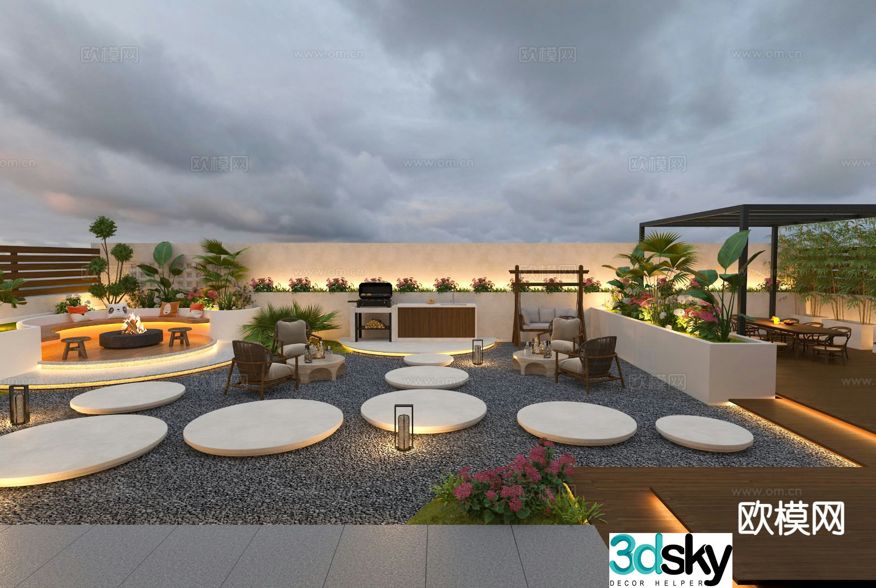 Modern rooftop courtyard landscape 3D model