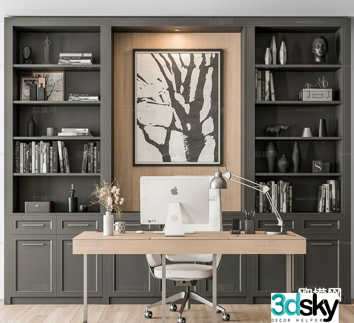 American desk bookcase study furnishings office chair 3d model