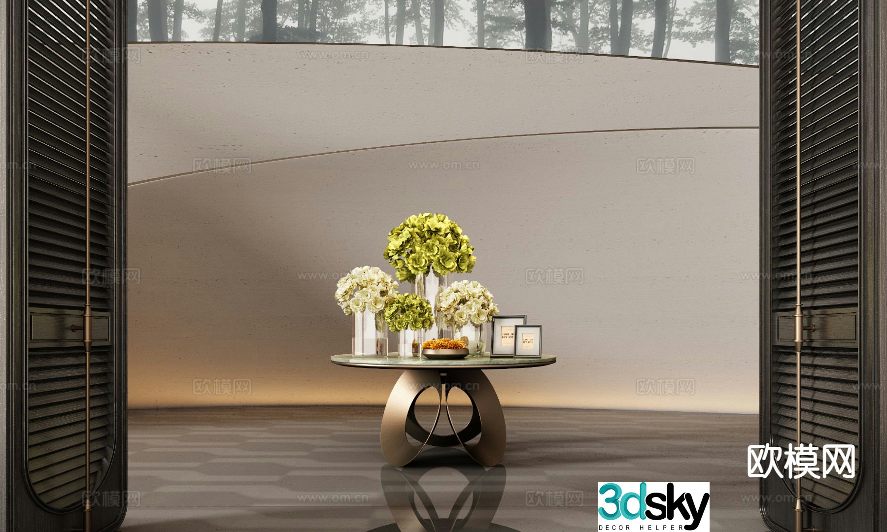 Italian hotel end view deck green plants moss 3d model