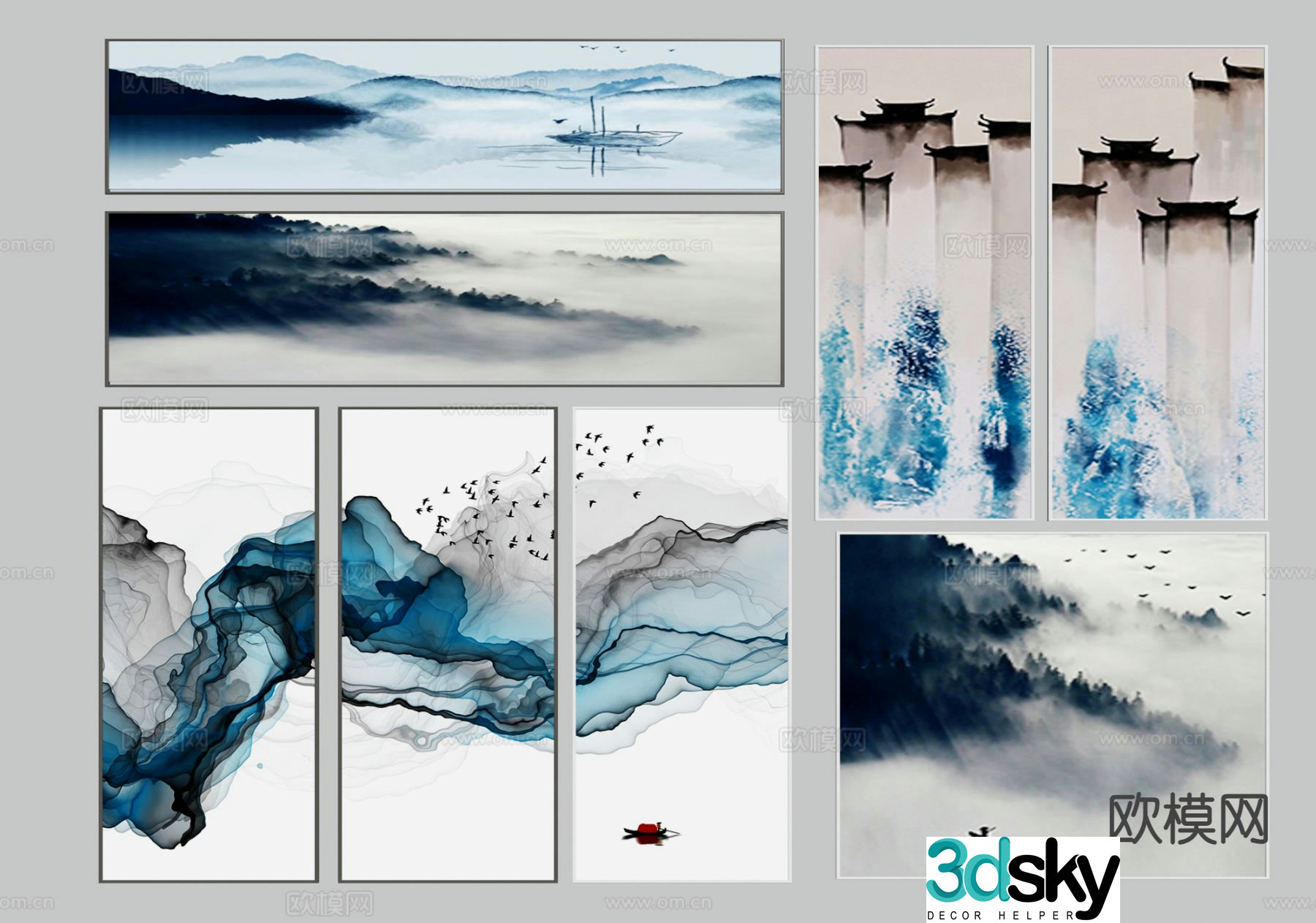 New Chinese style ink hanging painting landscape painting 3D model