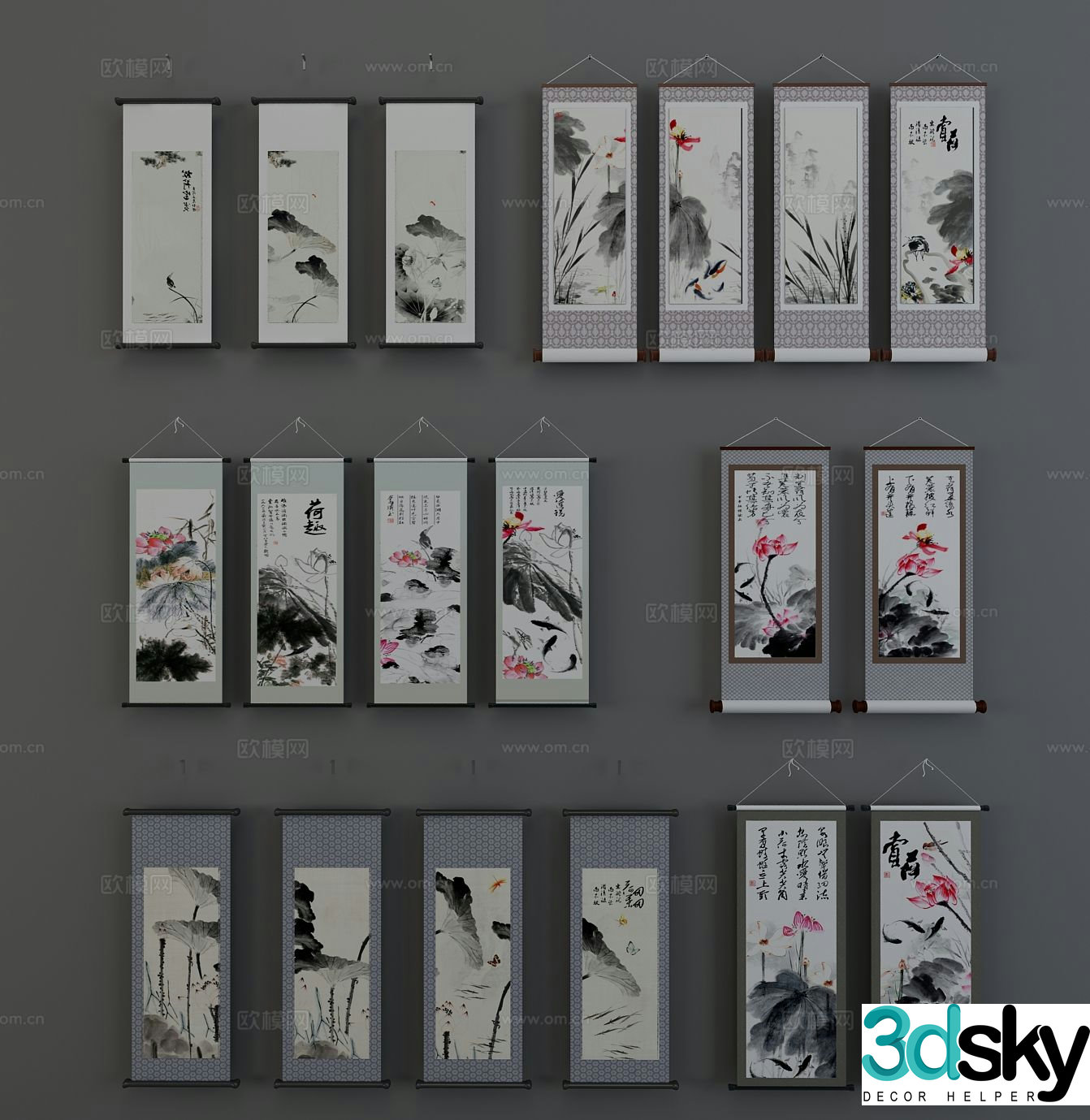 New Chinese style ink painting lotus hanging painting 3D model