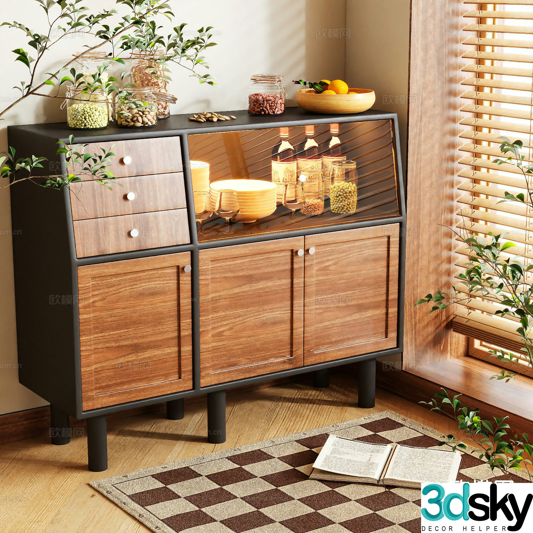 3D model of log style sideboard