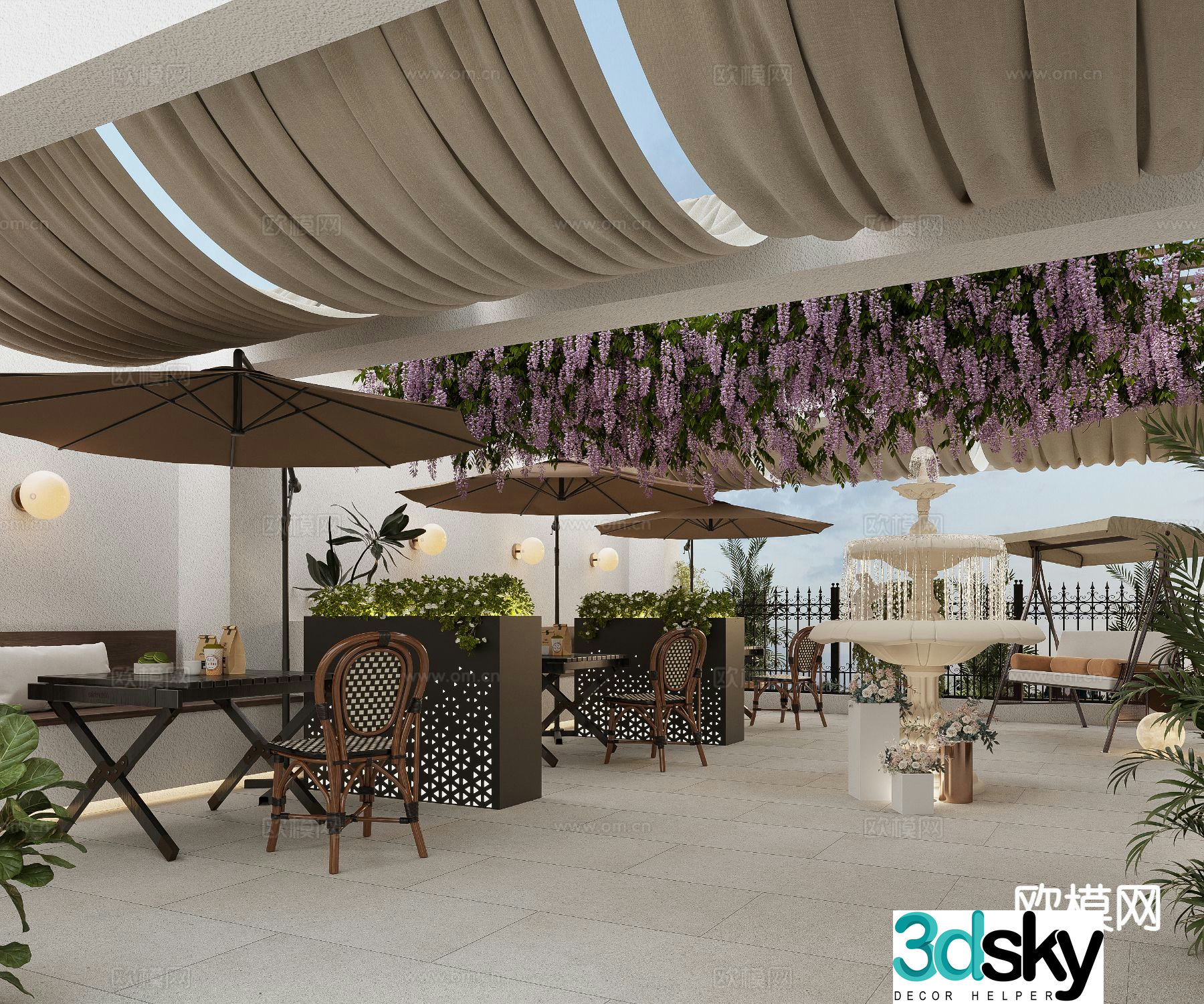French terrace fountain roof garden 3d model