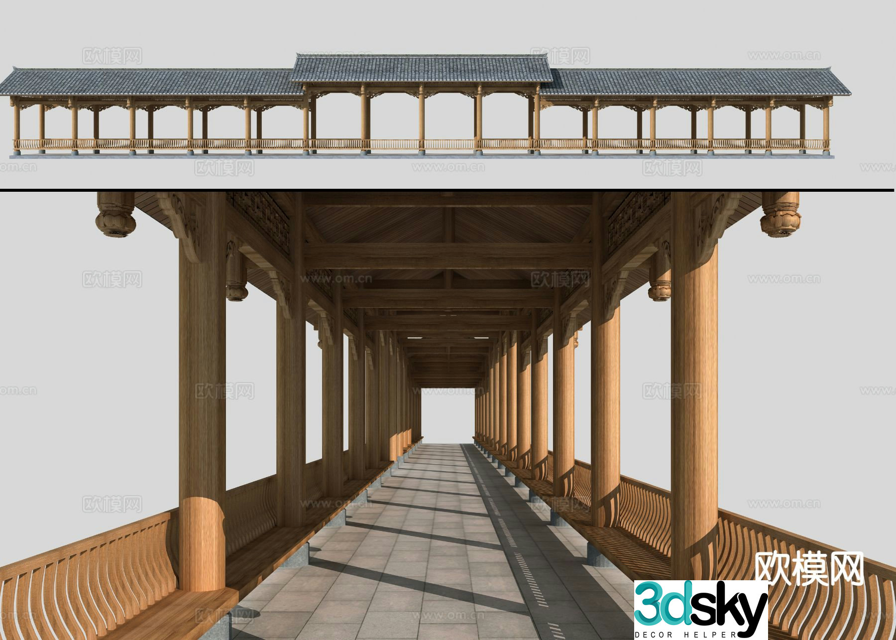Chinese style gallery corridor corridor landscape corridor 3d model