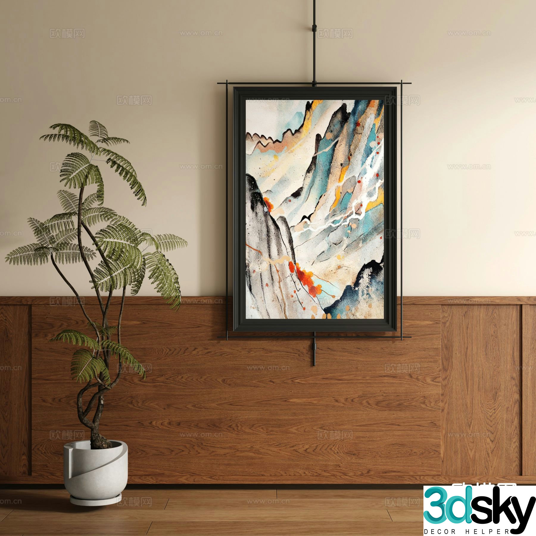 New Chinese style decorative painting metal pole hanging painting Zen painting 3D model