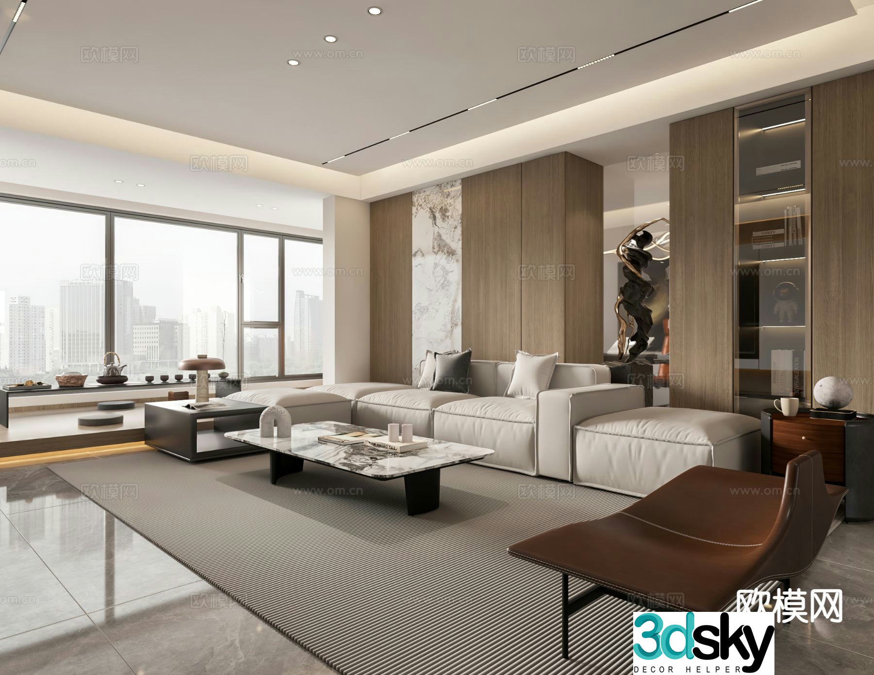 Modern living room study room open kitchen 3D model