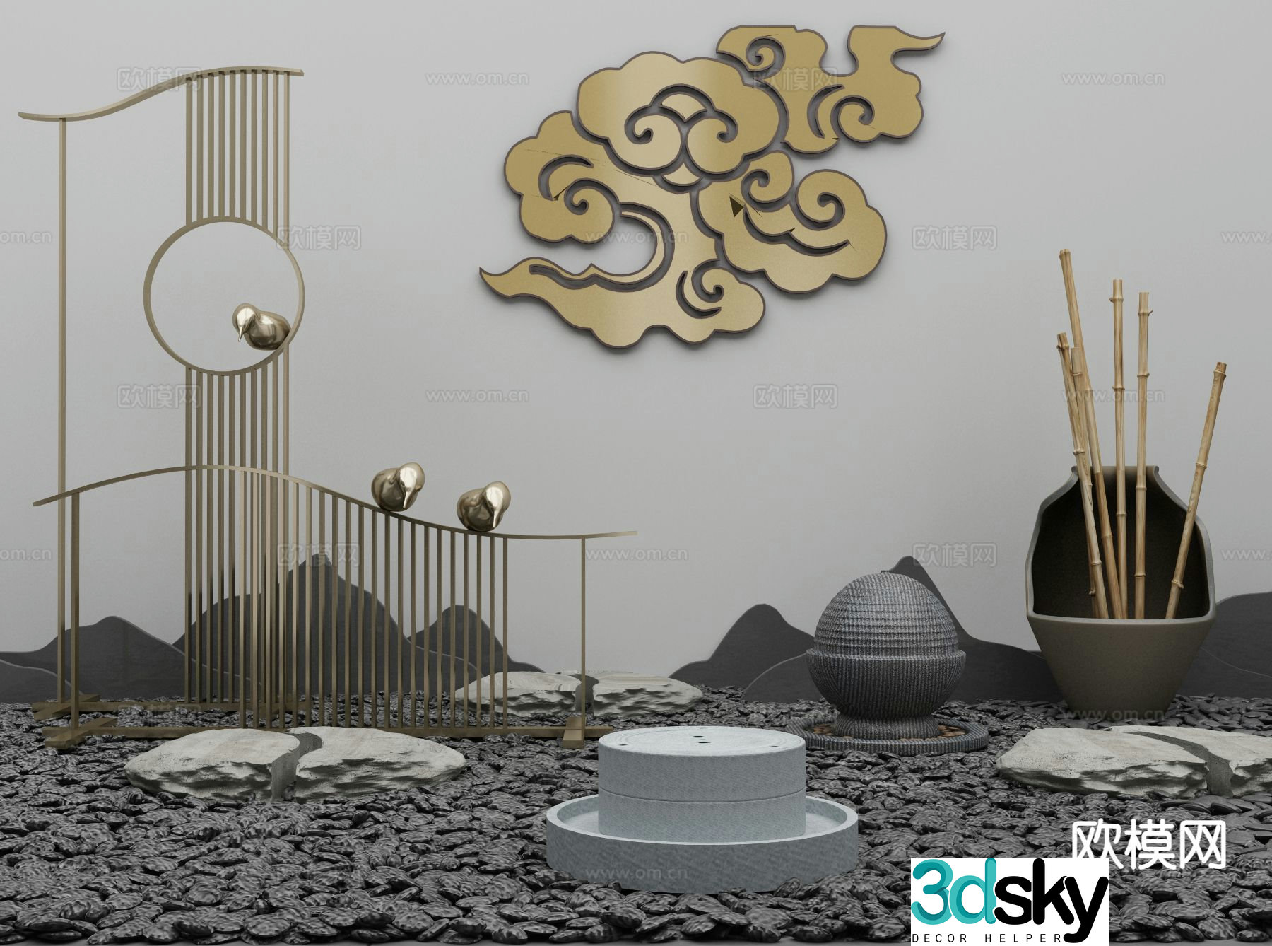 Landscape sketch stone paving flowing water bowl 3D model