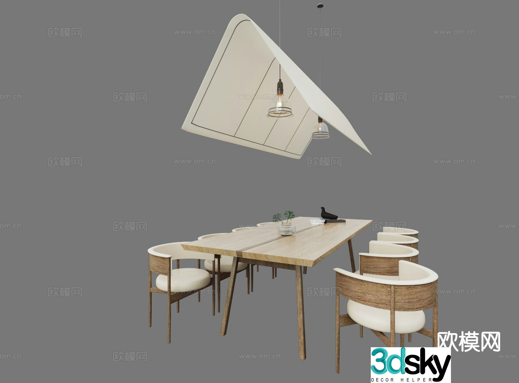 Long dining table and chairs 3d model
