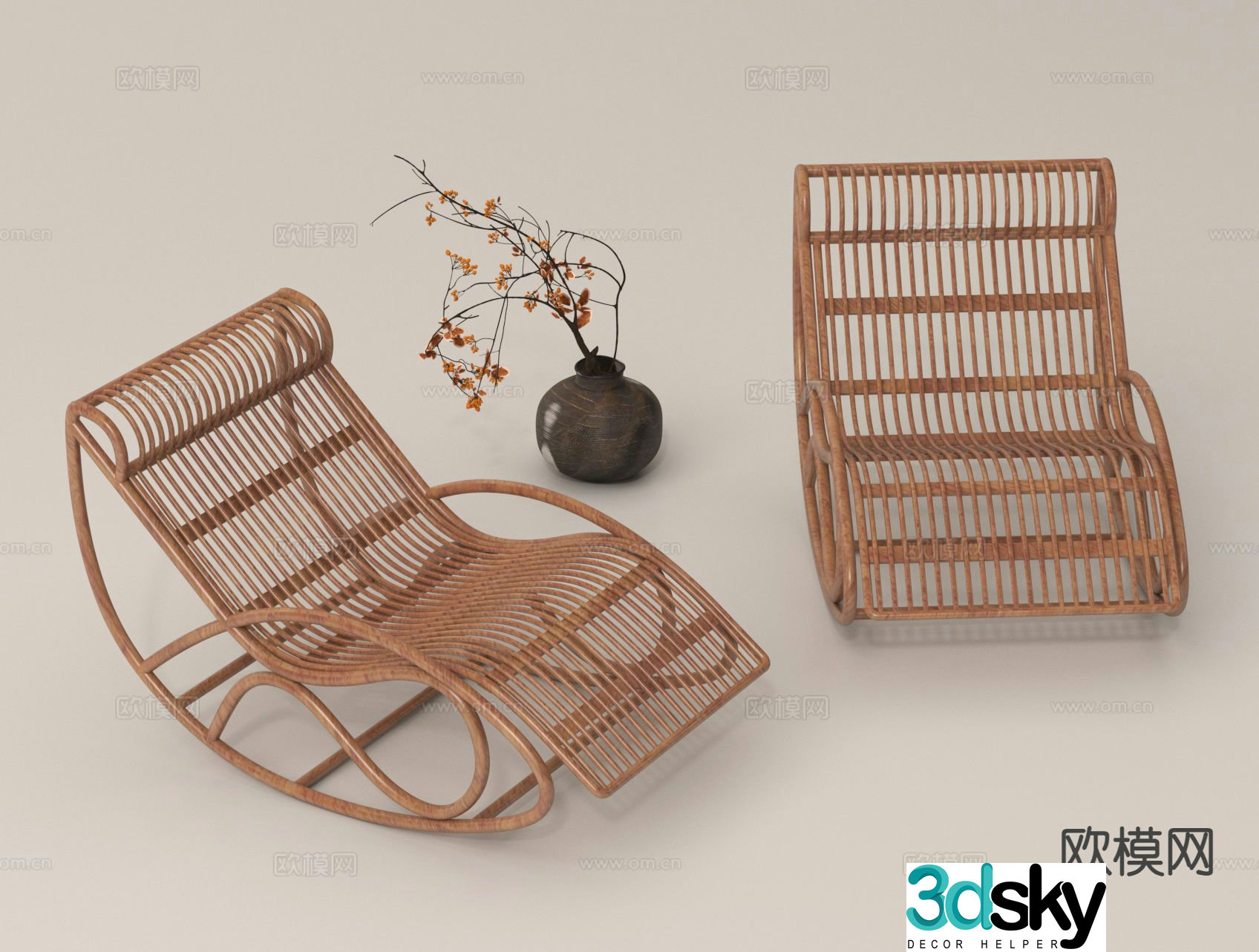 New Chinese rocking chair rattan chair recliner 3d model