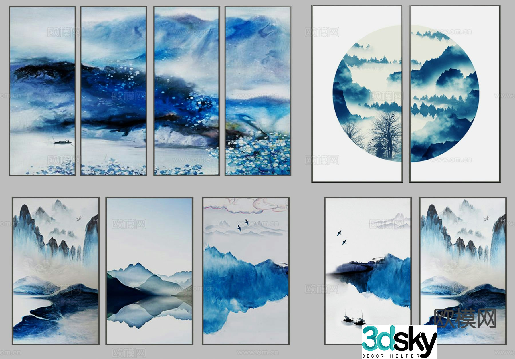 New Chinese style landscape painting blue ink painting 3d model