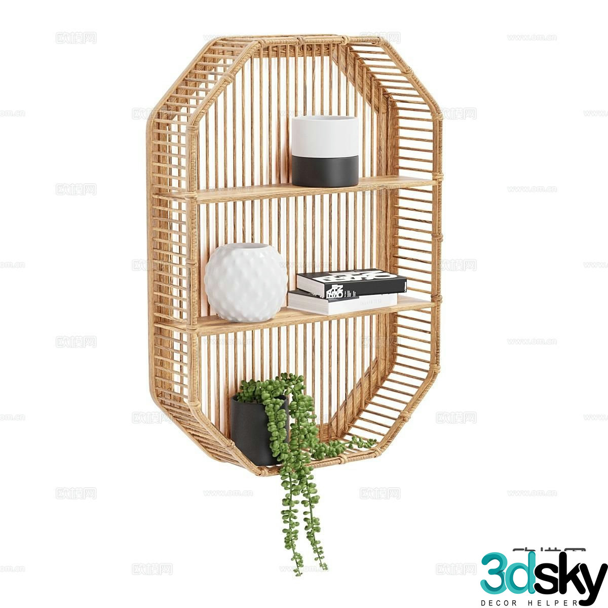 New Chinese style bamboo bookshelf wall hanging shelf 3d model