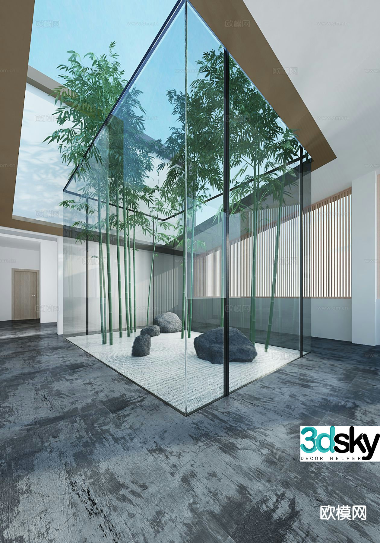 Chinese style glass landscape room dry landscape sketch patio 3D model