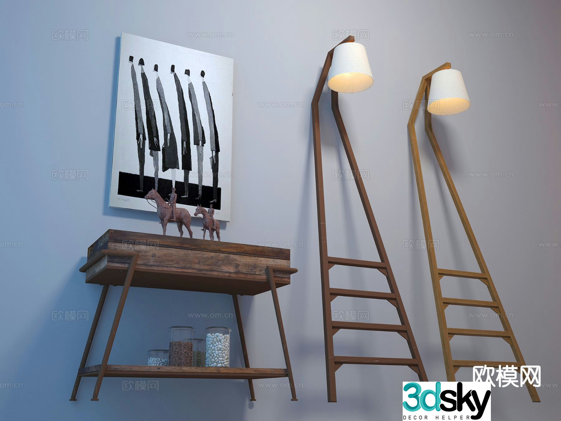 Industrial style ladder floor lamp side cabinet hanging picture 3d model