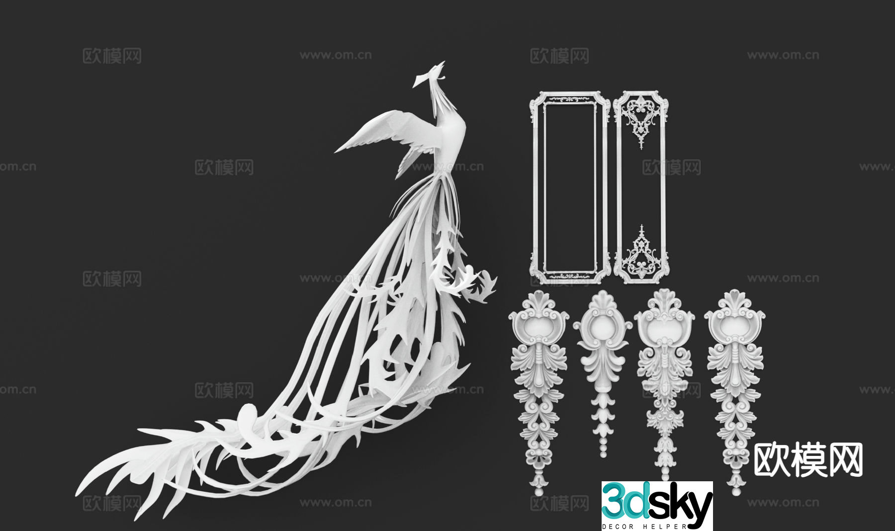 plaster sculpture furnishings phoenix sculpture horn flower 3d model
