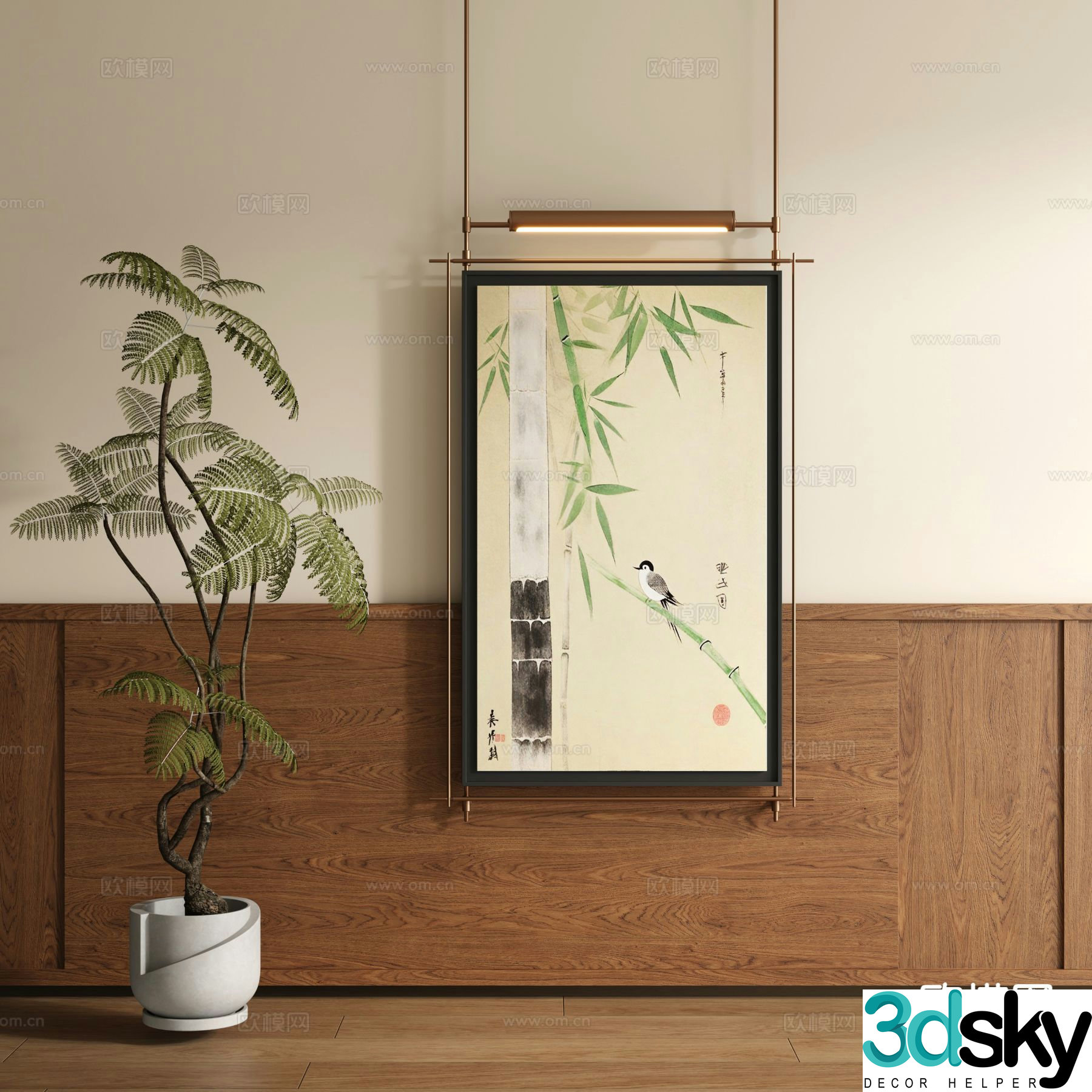 New Chinese style decorative painting metal pole hanging painting flower and bird painting 3D model