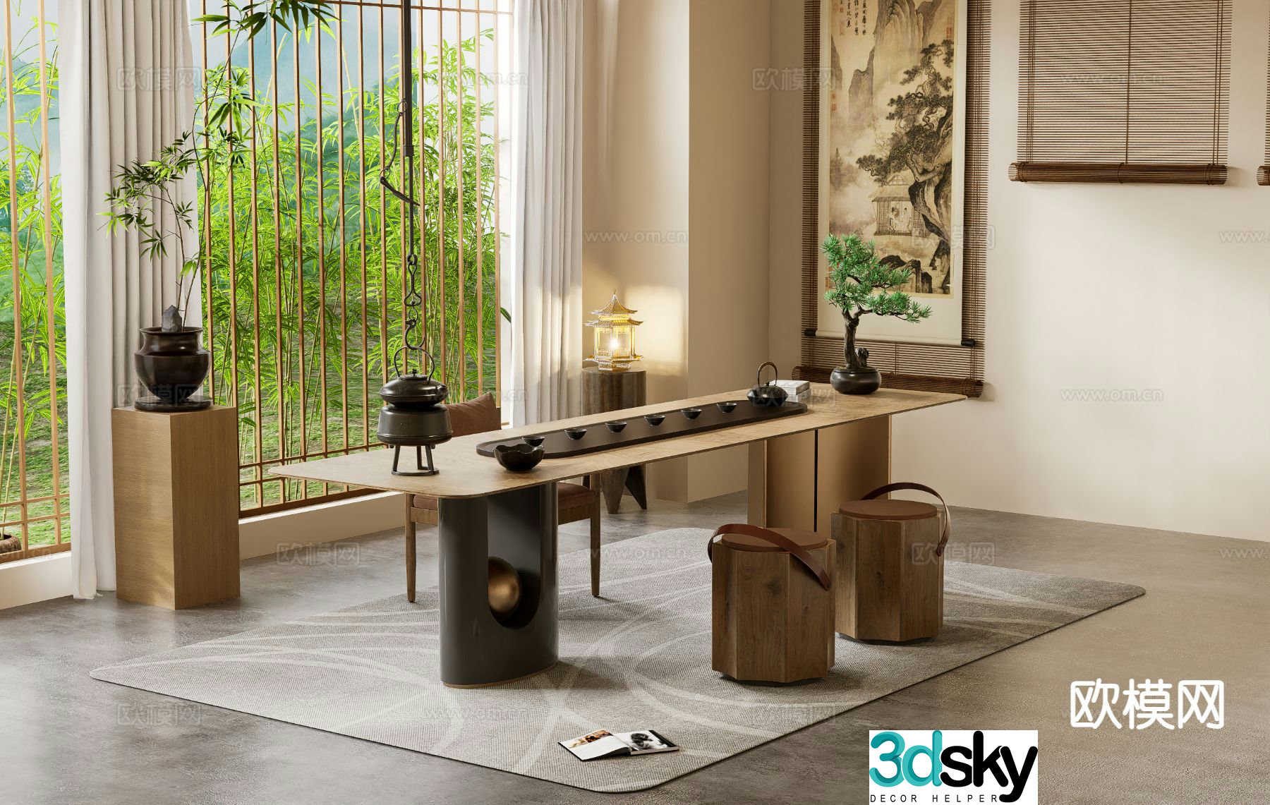 New Chinese tea table and chairs 3d model