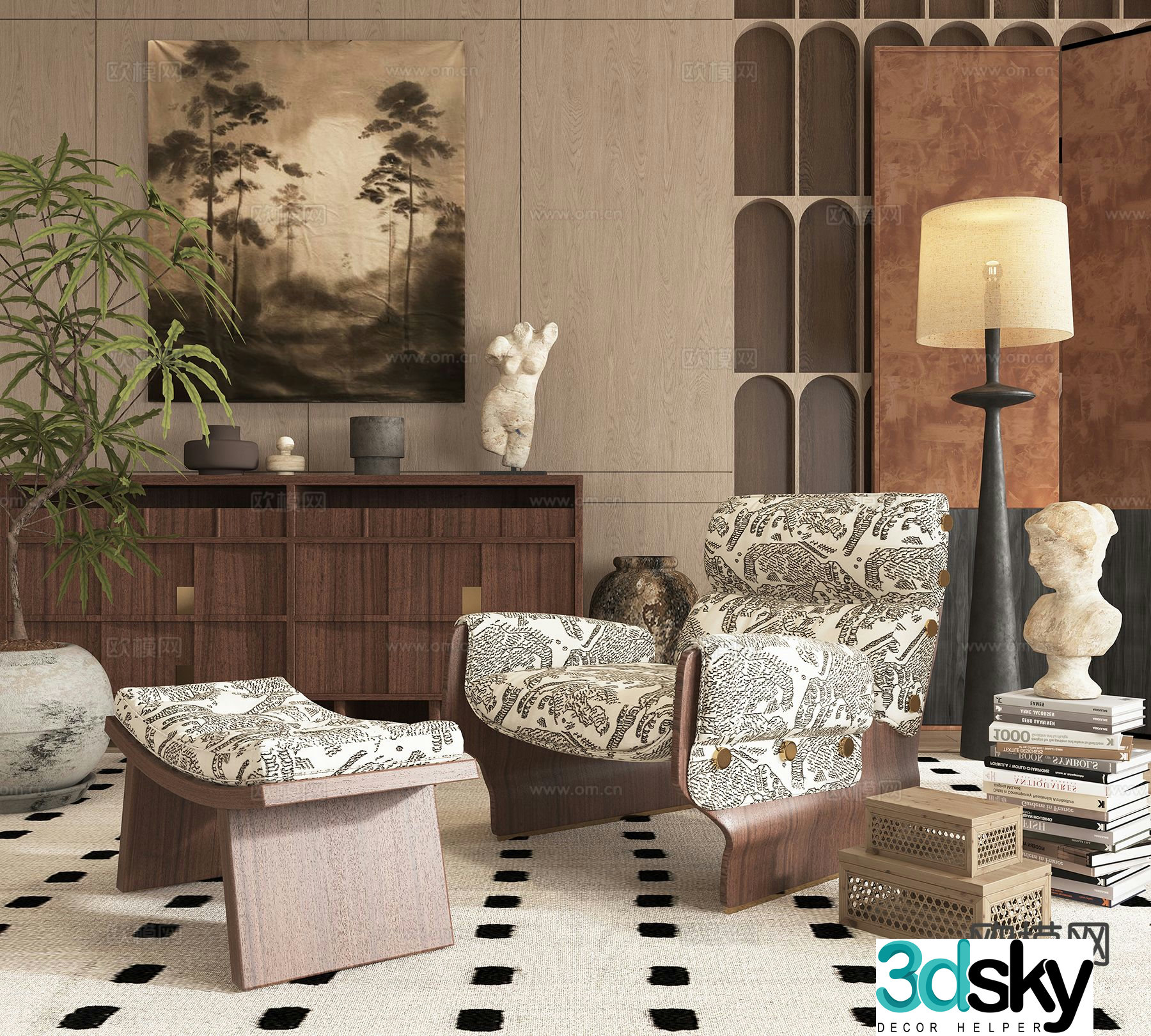 Medieval style single sofa leisure sofa footrest 3d model