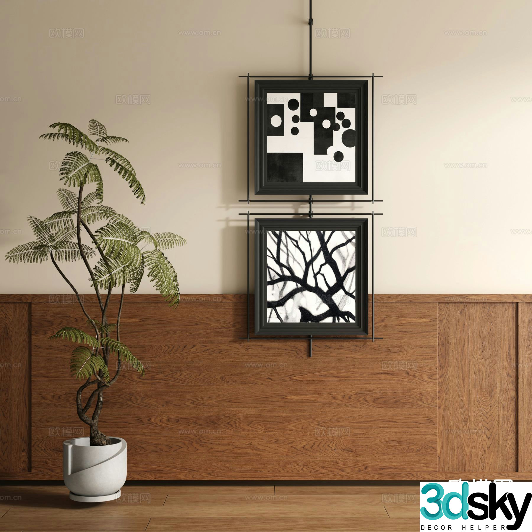 New Chinese style decorative painting metal pole hanging painting retro painting 3D model