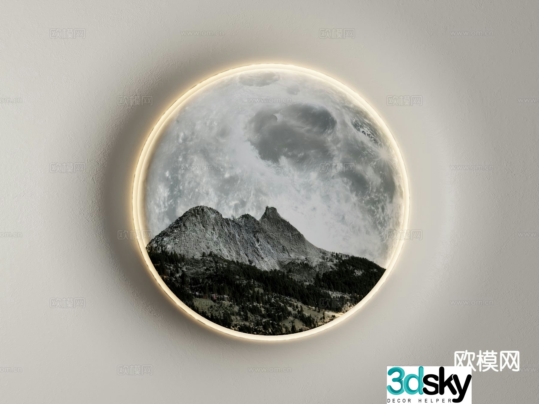 New Chinese style wall lamp landscape painting moon wall lamp moon plaster lamp 3D model